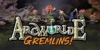 Three distinctive Gremlin miniatures are prominently displayed against a dark, forested background. The first Gremlin on the left has a wooden mask-like face and vibrant green skin, while the central Gremlin features a fierce expression with a large, toothy grin and a decorative necklace. The third Gremlin on the right holds a weapon and has a playful stance, showcasing the whimsical design typical of the ArcWorlde faction. The text "ArcWorlde GREMLINS!" is boldly featured at the bottom, emphasizing the campaign's focus.