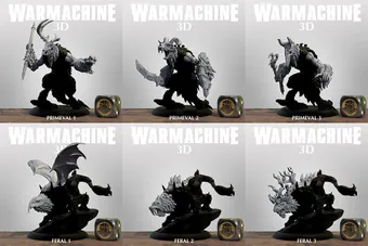 A collection of six 3D models from the Warmachine series is displayed in a grid format. The top row features three Primeval models, each showcasing unique designs with intricate details, including armor and weaponry. The bottom row presents three Feral models, characterized by their beastly forms and dynamic poses, with some featuring wings and distinctive facial features, all set against a simple background.