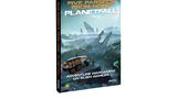 A book titled "Five Parsecs From Home: Planetfall" is prominently displayed, featuring a vibrant cover illustration. The scene depicts a rugged alien landscape with a large vehicle in the foreground, surrounded by lush vegetation and remnants of crashed starships in the background. The title is boldly printed at the top, with the subtitle "Adventure Wargaming on Alien Worlds" at the bottom, emphasizing the game's focus on exploration and tactical combat.