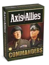 A box for "Axis & Allies: Commanders" features a striking illustration of two historical military leaders. On the left, a U.S. General in a uniform adorned with medals and a helmet, and on the right, a German Field Marshal in a dark uniform with distinctive insignia. The title "Axis & Allies" is prominently displayed at the top, with "COMMANDERS" in bold gold letters at the bottom, and a small age recommendation of "14+" in the lower corner. The background is a gradient of warm colors, enhancing the dramatic presentation.