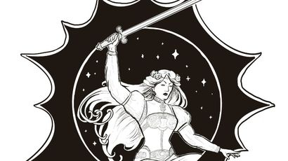 A dynamic black and white illustration features a heroic female figure wielding a sword, poised in an action stance. She has long flowing hair and is adorned in a detailed outfit, with intricate designs visible on her sleeves and waist. The background includes a circular motif filled with stars, surrounded by a jagged, starburst-like outline, enhancing the sense of movement and energy in the scene.