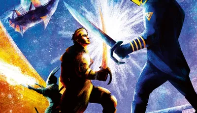 A futuristic scene with two characters in combat. The character on the left, wearing a yellow outfit, wields a glowing energy sword. The character on the right, in a blue and yellow suit with a helmet, holds a similar glowing weapon. In the background, a sleek starship with a glowing engine flies through a starry cosmos. The text at the top reads "COSMIC CORSARIS Fly Starships. Wield Cosmic Power. Fight a Brutal Regime."