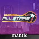 The image features the logo for "Dreadball All Stars," prominently displayed against a futuristic cityscape with tall, sleek buildings and a purple sky. The logo includes the words "DREADBALL" in bold yellow and "ALL STARS" in silver, with a stylized star and a dynamic design element suggesting movement. The Mantic logo is positioned at the bottom, indicating the publisher's branding.