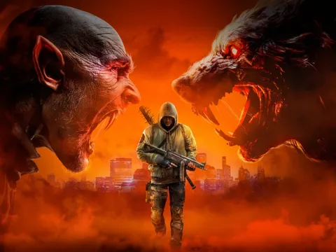 A hooded figure holding a rifle stands in a smoky, fiery cityscape, facing two large, snarling monstrous heads with glowing red eyes.