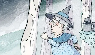 Witch in blue dress, pointed hat, holding cauldron, trees behind, text "OF FOLK AND FEY"