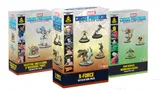Three boxes of the "Marvel Crisis Protocol Miniatures Game" are displayed. The central box features the "X-Force Affiliation Pack," showcasing miniatures of characters like Cable and Domino, with vibrant colors and dynamic poses. The other two boxes on either side include "Adam Warlock & Moondragon" and "X-23," each adorned with artwork of their respective characters and game branding.