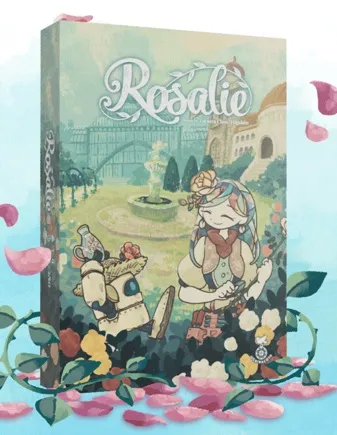 Rosalie game box with cartoon gardener and robot in a garden, title "Rosalie" at top.