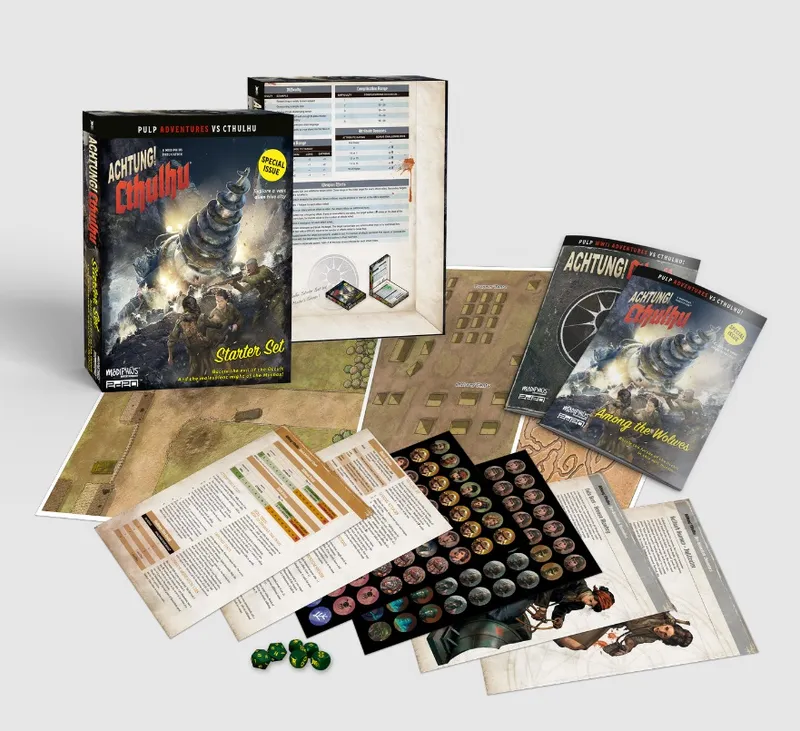 A starter set for Achtung! Cthulhu is prominently displayed, featuring a box with dynamic artwork depicting soldiers and a monstrous creature. Surrounding the box are various game components, including character sheets, maps, tokens, and rule summaries, all designed for gameplay. The materials showcase a mix of thematic elements from World War II and Lovecraftian horror, emphasizing the game's unique setting and mechanics.