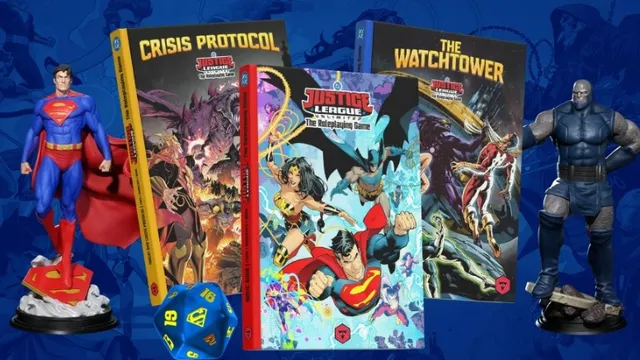 Justice League Unlimited RPG books, Crisis Protocol, The Watchtower, and a blue d20 die.