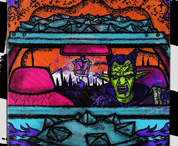 A vibrant and chaotic cover for the "Fool's Fuel" rulebook features a greenskin character with pointed ears and a fierce expression, seated in a vehicle. The background is filled with a surreal landscape of jagged mountains and an orange sky, creating a sense of mayhem. The title "FOOL'S FUEL" is prominently displayed in bold, green lettering, emphasizing the game's theme of vehicular skirmishes and magical chaos.