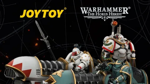 Two jetbikes with armored riders, "JOYTOY" and "Warhammer The Horus Heresy" text, "NEW JOYTOY PREORDERS WHITE SCARS & SONS OF HORUS ARRIVE"