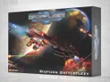 A vibrant box cover for the "Bioficer Battlefleet" from Dropfleet Commander features a large, intricately designed spaceship with a prominent, glowing weapon at the front. The background showcases a colorful cosmic scene with swirling nebulae and distant planets, enhancing the sci-fi theme. The title "DROPFLEET COMMANDER" is displayed prominently at the top, with the name "Bioficer Battlefleet" clearly labeled at the bottom.