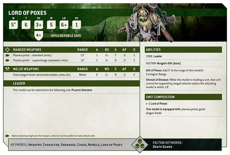 A detailed stat card for the Lord of Poxes from the Death Guard faction in Warhammer 40,000. The card displays various attributes including movement, toughness, and save values, along with an invulnerable save. It lists ranged weapons like plasma pistols and a melee weapon, the Great Plague Blade, which has special abilities such as Devastating Wounds and Lethal Hits. Additional sections highlight the model's leadership role, unit composition, and unique abilities like the Shroud of Disease and Gift of Poxes.