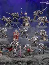 A detailed display of Black Templar miniatures showcases a variety of armored figures in silver and black, set against a dark, rocky backdrop. Prominent in the scene is a Venerable Dreadnought on the left, flanked by a mix of characters including the Emperor’s Champion, Bladeguard Veterans, and Sword Brethren, all wielding swords and other weapons. The figures are intricately painted, with some holding banners and others poised for battle, creating a dynamic and imposing presence.