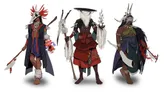 Three distinct characters from the Zarioo roleplaying game are depicted, each showcasing unique attire and accessories. The character on the left wears a long, dark robe with vibrant red and blue accents, a feathered headdress, and holds a glowing orb. The central figure is adorned in a red and black outfit, featuring a large hat and a staff emitting wisps of smoke. The character on the right has a more muscular build, dressed in a green and blue ensemble, with tribal jewelry and a large, curved weapon. Each character reflects the game's rich cultural and fantastical themes.