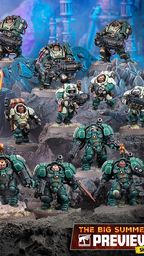 A group of miniature figures representing the Leagues of Votann stands prominently against a rocky, textured backdrop. The models are predominantly clad in teal and dark armor, showcasing various weapons and equipment, including guns and melee weapons. The scene features a mix of characters, including a central figure with a glowing sword, all arranged in a dynamic formation that highlights their unique designs and details.