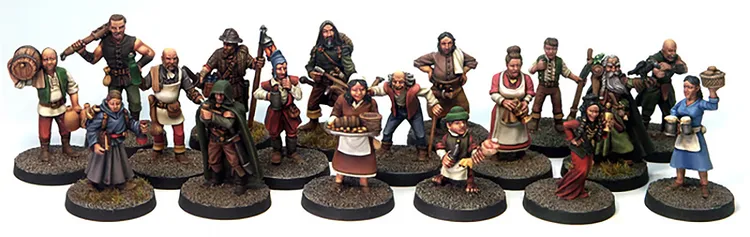 A collection of detailed miniatures representing various fantasy tavern patrons and villagers, arranged in two rows on textured bases. The figures include a mix of characters such as a hooded figure, a woman holding a tray of baked goods, and several others in period-appropriate attire, showcasing a variety of poses and expressions. The overall scene captures the lively atmosphere of a fantasy tavern setting, ideal for tabletop RPGs.