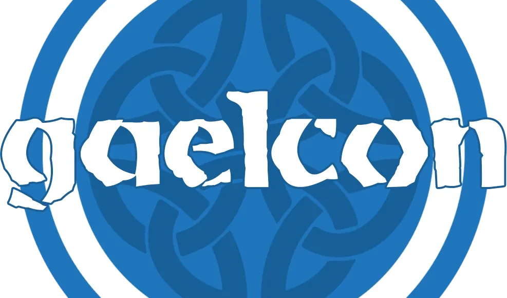 A circular logo featuring a blue background with a white outer ring. In the center, a stylized knot pattern is visible, symbolizing Celtic design. The word "gaelcon" is prominently displayed in white, with a slightly distressed font, emphasizing the convention's name.