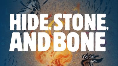 The image features the title "STONE, BONE" prominently displayed in bold, white letters against a textured background that resembles stone. Below the text, there are warm colors suggesting fire, possibly representing a campfire, along with abstract markings that evoke a prehistoric theme. The overall color palette transitions from warm tones at the bottom to cooler shades at the top, enhancing the Ice Age atmosphere.