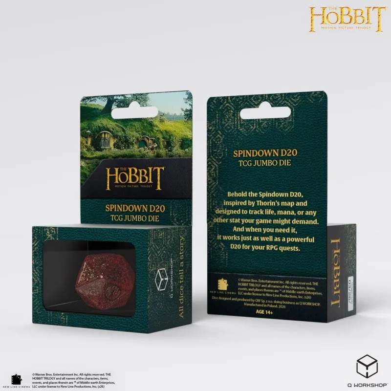 Green Hobbit dice set packaging with Spindown D20 and Hobbit movie scene.