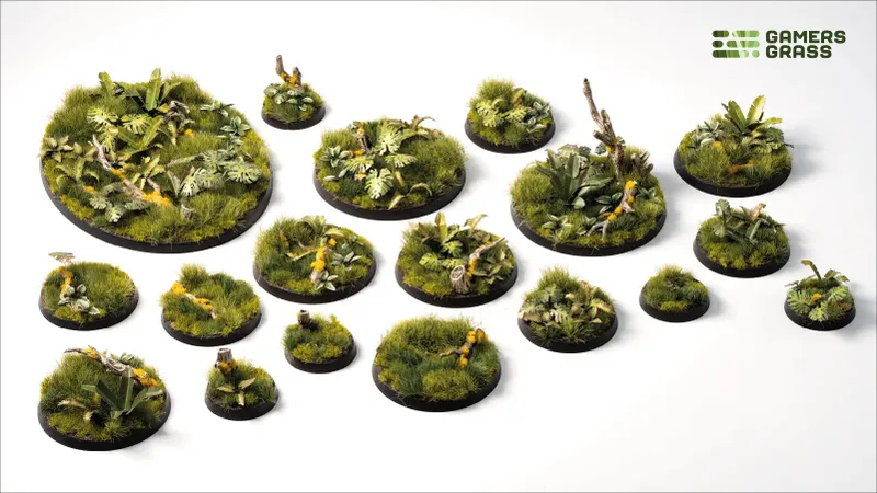 Round bases with grass, plants, and small branches.