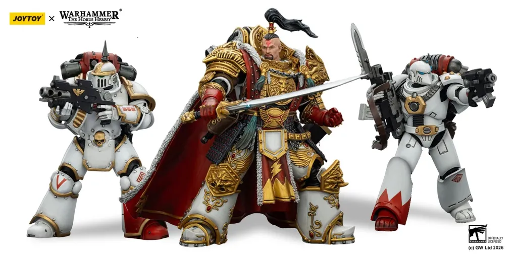 A detailed action figure of Jaghatai Khan stands on the right, adorned in ornate armor with intricate gold detailing, holding a sword. To the left, a Tactical Marine in Mk III power armor is posed with a firearm, featuring a skull motif and a red backpack. Both figures are set against a simple background, showcasing their impressive craftsmanship and articulation.