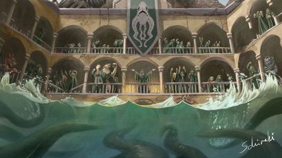 Cultists dressed in green have gathered in a half-submerged palazzo and are praying towards the waters. A few tentacles move underwater towards the cultists.