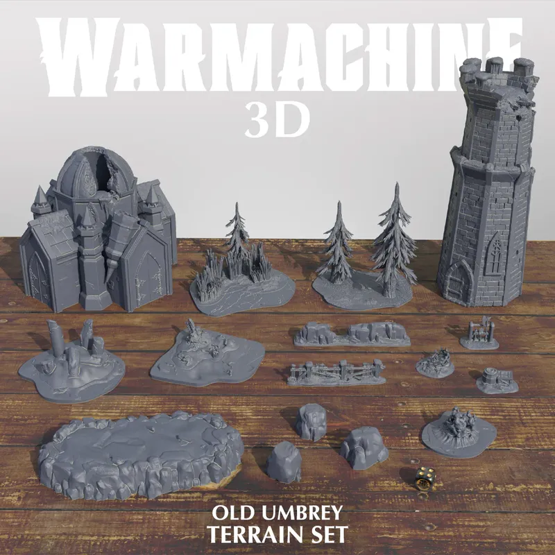 A collection of 3D printed terrain pieces from the Warmachine "Old Umbrey Terrain Set" is displayed on a wooden surface. The set includes a large, intricately designed building with pointed towers, a tall stone tower, and several smaller terrain elements like rocky outcrops, trees, and fences. Various bases and scatter terrain pieces are arranged around the central structures, showcasing a mix of natural and architectural features, all in a gray color. A pair of dice is also visible in the foreground.