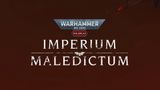 The image features the title "IMPERIUM MALEDICTUM" prominently displayed in bold, white lettering against a dark red background. Above the title, the "WARHAMMER 40,000" logo is showcased in a metallic blue and silver design, with the word "ROLEPLAY" highlighted in a red hexagon. The overall aesthetic conveys a sense of ominous grandeur, fitting for the Warhammer 40,000 universe.