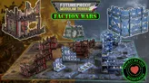 Modular sci-fi and ruined buildings, blue and brown terrain pieces, "SCI-FI TERRAIN WARS" and Kickstarter logo visible.