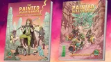 Two books titled The Painted Wastelands: left cover shows a central female character with a staff, surrounded by desert ruins, a cat, and two other figures; text reads "Adventurer’s Handbook." Right cover depicts a fantasy creature atop ruins with a green-tinted desert; text reads "Campaign Guide."