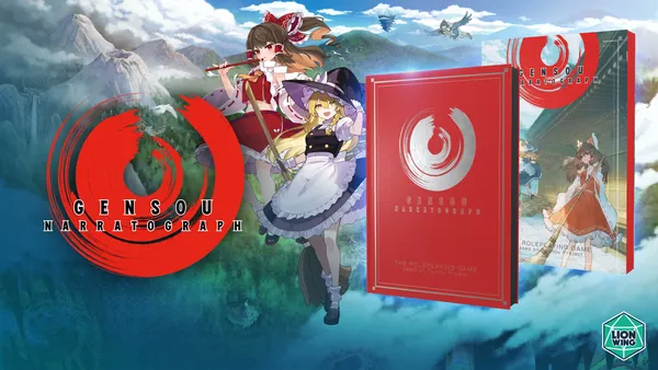 Two anime-style characters standing on a mountainous landscape with a lake and waterfall. One character has brown hair in a bun, wears a dark outfit, and holds a staff. The other has blonde hair, wears a white apron dress, and holds a rifle.