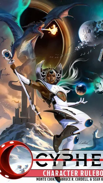 A futuristic warrior in white armor fights a dragon in space, with planets and debris around.