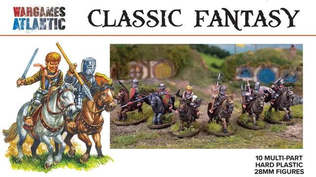 A vibrant illustration features a group of halfling cavalry figures, each mounted on horses and equipped with various weapons such as swords and lances. The left side displays a colorful, hand-drawn depiction of halfling knights, while the right side shows detailed painted models in a natural setting with grassy terrain and small buildings in the background. The text "CLASSIC FANTASY HALFLING CAVALRY" is prominently featured, along with specifications about the set.