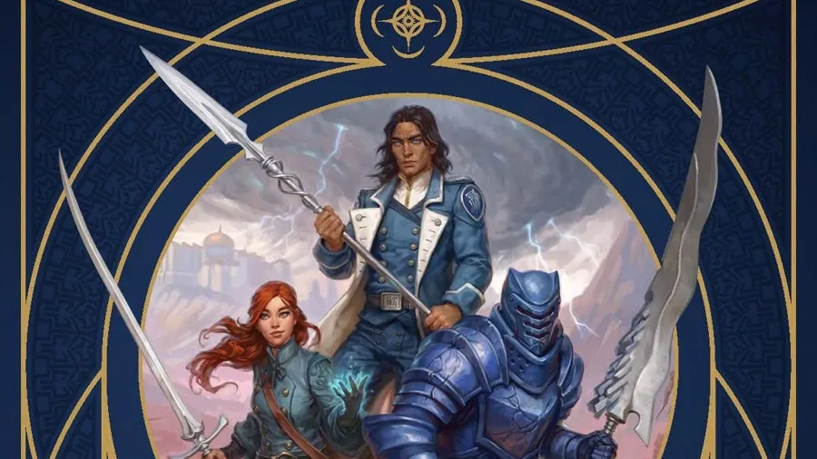 Three characters stand in a stormy, mountainous landscape under a dark, cloud-filled sky with lightning striking in the distance.

The central figure, a man with long dark hair, wears a blue uniform with a badge on the left side of his chest and holds a sword raised in his right hand. He has a determined expression.

To his left, a woman with long red hair, dressed in a green coat and blue trousers, holds a sword in her right hand and a dagger in her left. She appears to be mid-motion, her hair and coat flowing.

To the right of the man, a figure clad in full blue plate armor with a helmet that obscures their face kneels on one knee, holding a sword upright in front of them with both hands.

In the foreground at the bottom of the image, large gold text reads: "STORMLIGHT HANDBOOK". Below this, smaller text reads: "Tabletop Roleplaying in the World of Brandon Sanderson’s The Stormlight Archive". A hexagonal emblem with a stylized symbol is centered beneath the characters. The background features a dark blue diamond pattern.