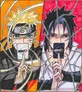 Two anime characters side by side, each holding a card labeled "MARUTO C" in black text on white background. Left character has spiky blonde hair, orange glow, and a headband with swirls. Right character has black spiky hair, red background, and a cracked forehead.
