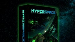 A box for the sci-fi board game "Hyperspace" is prominently displayed against a dark, starry background. The box features bold, glowing blue text of the title "HYPERSPACE" along with the subtitle "A SANDY PETERSEN GAME." The artwork on the box showcases various sleek, futuristic spacecraft in vibrant green tones, suggesting themes of interstellar exploration and competition.