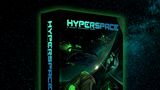 A box for the sci-fi board game "Hyperspace" is prominently displayed against a dark, starry background. The box features bold, glowing blue text of the title "HYPERSPACE" along with the subtitle "A SANDY PETERSEN GAME." The artwork on the box showcases various sleek, futuristic spacecraft in vibrant green tones, suggesting themes of interstellar exploration and competition.