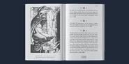 An open Fighting Fantasy book displays two pages featuring a detailed black-and-white illustration on the left. The artwork depicts a humanoid figure with avian features, seated in a wooden chair shaped like a bird of prey. The right page contains text with numbered sections guiding the reader through the adventure, with a small navigation box at the bottom. The overall layout showcases the classic design and style of the Fighting Fantasy series, emphasizing its rich storytelling and artwork.