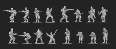 A collection of 28mm scale miniatures representing American soldiers from World War II is displayed, featuring various poses and stances. The figures include Airborne paratroopers, Rangers, and other military personnel, all intricately detailed and rendered in a metallic finish. The arrangement showcases multiple soldiers aiming weapons, gesturing, and preparing for action, highlighting the diversity of the U.S. armed forces during the 1944 campaign to liberate France.