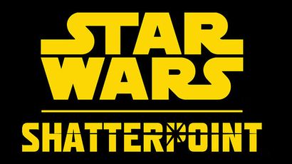 The image features the iconic "Star Wars" logo in bold yellow letters, prominently displayed against a black background. Below the "Star Wars" text, the word "SHATTERPOINT" is presented in a similar yellow font, with a distinctive starburst design on the letter "T." This design emphasizes the title and aligns with the theme of the Star Wars universe.