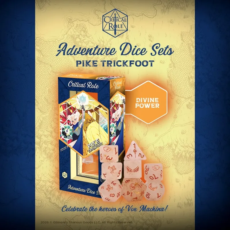 Critical Role Adventure Dice Sets Pike Trickfoot box, dice, and "Divine Power" hexagon.