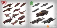 A collection of detailed spaceship miniatures from the Dropfleet Commander: the Dreadhold starter set is displayed. On the left, ships from the Penal Security Corps feature a mix of dark red and metallic colors, showcasing intricate designs and weaponry. On the right, ships from the Eightfold Syndicate exhibit a more industrial look with darker tones and varied shapes, emphasizing their unique characteristics. The UCM logo is positioned in the top right corner.