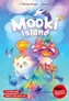 Bright blue background with colorful, cartoon-style illustrations. At the top, the text "Mooki island" is displayed in large white letters. Below the text, two whimsical creatures stand on a vibrant, multicolored landscape. The creature on the left is white with orange and yellow accents, wide eyes, and an open mouth. The creature on the right has a red and white polka-dot mushroom-shaped cap with a green clover on top, orange and yellow fur, and a curled tail. In the background, there are flying creatures: a bat-like figure with stars on its wings and a small, ghost-like figure. Additional small creatures, including a blue mermaid-like figure and a crab, are visible near the bottom.