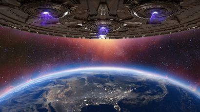 A large, futuristic alien spacecraft hovers above Earth, with intricate mechanical details visible on its underside. Below, the planet's surface is illuminated by city lights, showcasing a mix of land and water, while the atmosphere transitions from blue to a vibrant gradient of orange and purple in the background. The scene conveys a sense of impending conflict, emphasizing the tension between Earth and its alien invaders.