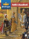 Illustrated book cover for *Pendragon: Noble's Handbook*. At the top, bold white text reads "Noble's Handbook" against a red banner with ornate gold trim. Above this, a blue banner with a gold border displays the word "Pendragon" in white capital letters.

The scene depicts three central figures in medieval attire. On the left, a knight in black and gold armor with a red cloak holds a sword and stands before a crowd of armored soldiers carrying flags bearing a red cross on a white and blue background. In the center, a woman in an elaborate golden dress and crown descends stone steps flanked by intricately carved pillars. To the right, a bishop in white and gold robes, mitre, and carrying a staff stands on the steps, raising a hand in blessing or greeting. At the bottom right, a kneeling man in blue tunic and brown hose appears to be polishing the bishop’s shoes. The background features detailed stone architecture with decorative carvings.