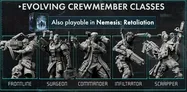Four sci-fi miniatures in combat poses: a Surgeon holding medical tools, a Commander with a weapon, and an Infiltree with gear. Background shows a game box labeled "Nemesis." Text reads: "Evolving Crewmembers" and "Also playable in Nemesis: Surgeon, Commander, Infiltree."