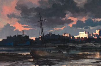 A dark and atmospheric scene depicts a calm harbor at dusk, with a weathered boat moored in the foreground. The sky is filled with dramatic clouds in shades of gray and hints of orange, reflecting the fading light. In the background, a silhouette of a decrepit town can be seen, with various buildings and masts of other boats, enhancing the sense of mystery and foreboding.