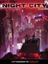 A vibrant, futuristic cityscape of Night City is depicted, showcasing towering skyscrapers adorned with neon lights and holographic advertisements. In the foreground, two figures sit on a rooftop, gazing out over the bustling streets below, where a flying police vehicle zips through the air. The sky is a striking gradient of red and purple, enhancing the cyberpunk atmosphere of the scene.