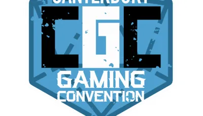 A hexagonal logo features the text "CANTERBURY" at the top, with "CGC" prominently displayed in large, bold letters in the center. Below, the words "GAMING CONVENTION" are written in a smaller, stylized font. The logo is primarily in shades of blue, with a textured background that adds depth.